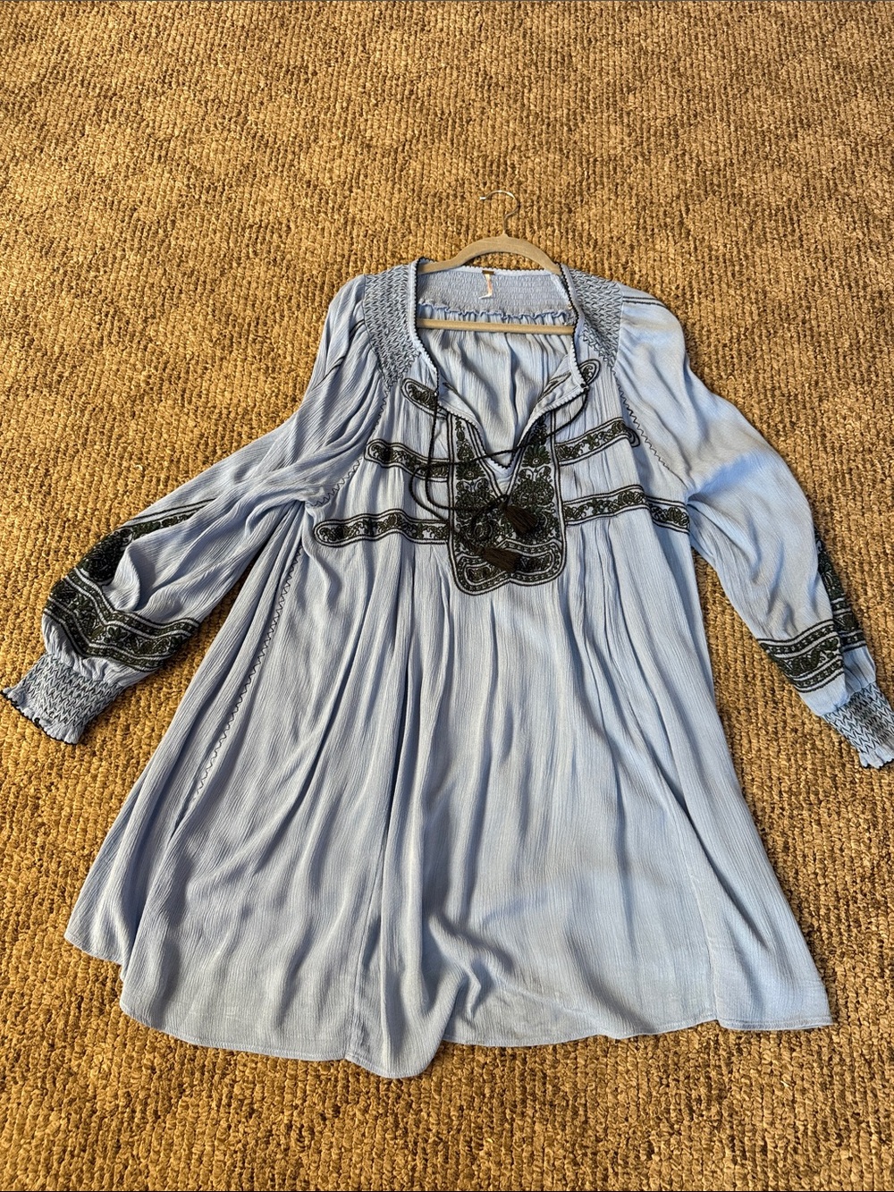 Free People Light Blue Boho Embroidered Mini Dress